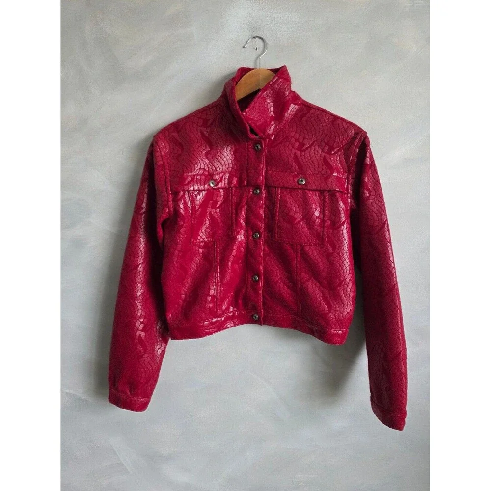 Vtg Fubu Red Faux Leather Textured Print Shine Cropped Jacket Button Up Sz 9/10